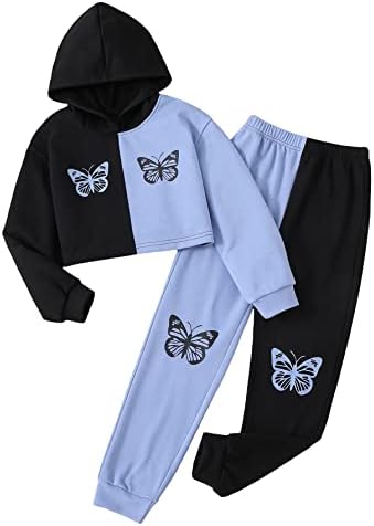 Wdirara Girl ' s 2 Piece Outfit două ton fluture imprimare Hoodie și Sweatpants Set