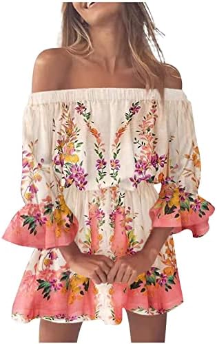 Femei 2023 Imprimare florală de vară de pe umăr rochie cu mânecă cu mânecă elastică talie boho plisată mini rochii casual