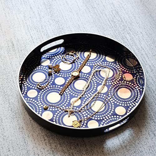 Tavă de servire rotundă albastru și argintiu cu mânere, masă decorativă de cafea otomană decorativă pentru parfum, living, decor pentru casă.